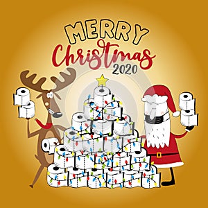 Merry  Christmas 2020 -Funny reindeer and Santa Claus in facemask and toilet paper christmas tree.