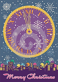 Merry Christmas 2022 Greeting Card, Clock Face and Night Cityscape