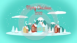 Merry Christmas 2022 text animation with snowing particles, house in the snow, pine tree, gift wrapping, snowman