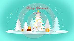 Merry Christmas 2022 text animation with snowing particles, house in the snow, pine tree, gift wrapping, snowman