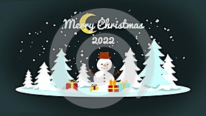 Merry Christmas 2022 text animation with snowing particles, house in the snow, pine tree, gift wrapping, snowman