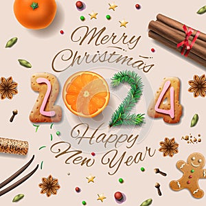 Merry Christmas 2024, design made with spices, cinnamon, anise, vanilla, oranges, cookies