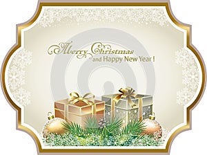 Merry Christmas 2024 Greeting card with gifts and New Year decoration in a gold original frame.