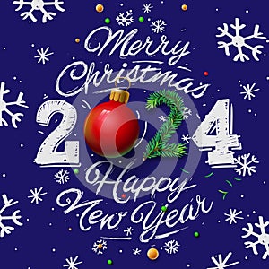Merry Christmas 2024. Hand drawing ornamental number and text and doodle snowflakes on blue background
