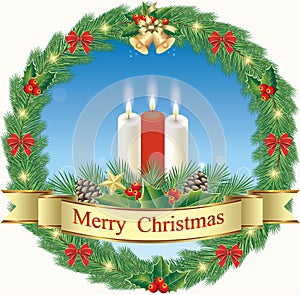 Merry Christmas 2024. Holiday background with Christmas wreath. Original composition with fir wreath and festive decoration.