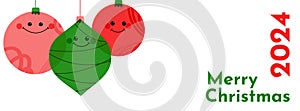 Merry Christmas 2024 long banner. Christmas background with Christmas tree smiling balls and with empty space for text