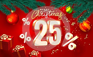 Merry Christmas, 25 percent Off discount. Sale banner and poster. Vector illustration.