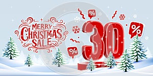 Merry Christmas, 30 percent Off discount. Sale banner and poster. Vector illustration.