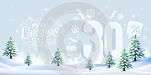Merry Christmas, 30 percent Off discount. Sale banner and poster. Vector illustration.