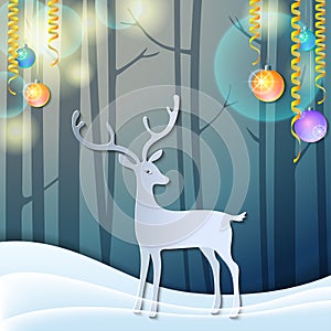 Merry Christmas 3d abstract paper cut illustration of deer in forest. Greeting card. Origami winter season. Happy New Year. Paper