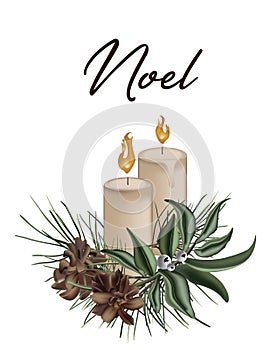Merry Christmas 3d greeting card with candles, pine branch with cones and evergreen plants islated on white background. Vector art