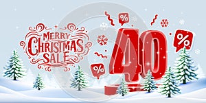 Merry Christmas, 40 percent Off discount. Sale banner and poster. Vector illustration.