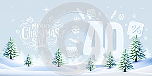 Merry Christmas, 40 percent Off discount. Sale banner and poster. Vector illustration.