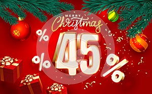 Merry Christmas, 45 percent Off discount. Sale banner and poster. Vector illustration.