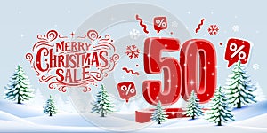 Merry Christmas, 50 percent Off discount. Sale banner and poster. Vector illustration.