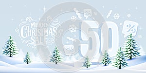 Merry Christmas, 50 percent Off discount. Sale banner and poster. Vector illustration.