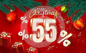 Merry Christmas, 55 percent Off discount. Sale banner and poster. Vector illustration.