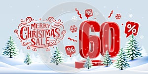 Merry Christmas, 60 percent Off discount. Sale banner and poster. Vector illustration.
