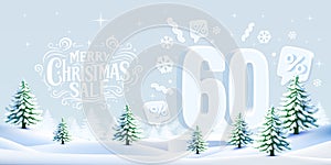Merry Christmas, 60 percent Off discount. Sale banner and poster. Vector illustration.