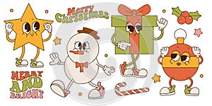 Merry Christmas 60s retro collection of cartoon characters. Snowman, gift box , star, Christmas tree toy ball mascots