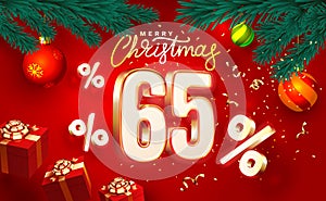 Merry Christmas, 65 percent Off discount. Sale banner and poster. Vector illustration