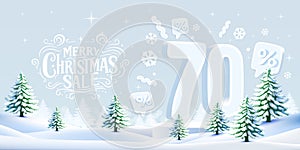 Merry Christmas, 70 percent Off discount. Sale banner and poster. Vector illustration.