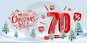 Merry Christmas, 70 percent Off discount. Sale banner and poster. Vector illustration