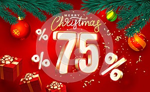 Merry Christmas, 75 percent Off discount. Sale banner and poster. Vector illustration.