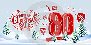 Merry Christmas, 80 percent Off discount. Sale banner and poster. Vector illustration.
