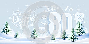 Merry Christmas, 80 percent Off discount. Sale banner and poster. Vector illustration.