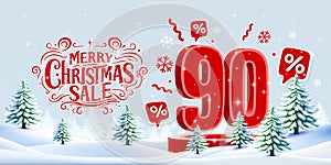 Merry Christmas, 90 percent Off discount. Sale banner and poster. Vector illustration.
