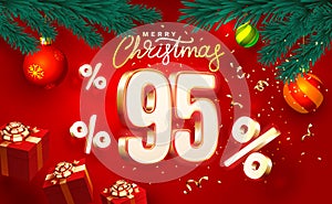 Merry Christmas, 95 percent Off discount. Sale banner and poster. Vector illustration