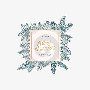 Merry Christmas Abstract Botanical Card with Golden Frame Banner and Modern Typography. Premium Holiday Background