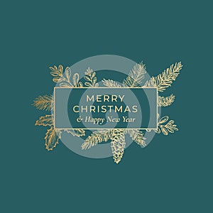 Merry Christmas Abstract Botanical Card with Rectangle Frame Banner and Modern Typography. Premium Green Background and