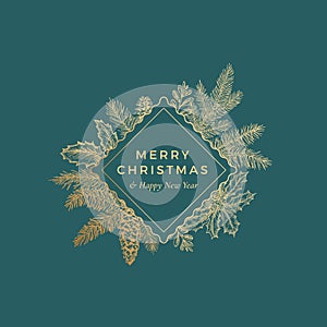 Merry Christmas Abstract Botanical Card with Rhombus Frame Banner and Modern Typography. Premium Green Background and