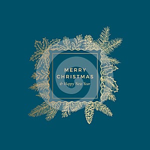 Merry Christmas Abstract Botanical Card with Square Frame Banner and Modern Typography. Premium Blue Background and