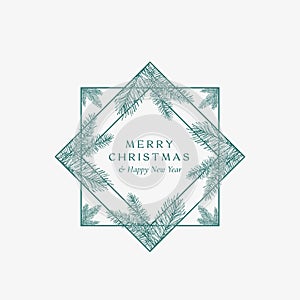 Merry Christmas Abstract Botanical Card with Square Frame Banner and Modern Typography. Premium Greeting Sketch Layout