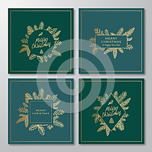 Merry Christmas Abstract Botanical Cards Collection with Rectangle and Circle Frame Banners and Modern Typography