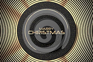 Merry Christmas. Abstract holiday cover banner template. Black background with round shapes. Vector 3d illustration