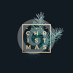 Merry Christmas Abstract Vector Classy Label, Sign or Card Template. Hand Drawn Fir-Needle Spruce Branch Illustration
