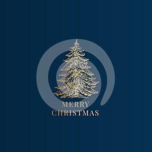 Merry Christmas Abstract Vector Classy Label, Sign or Card Template. Hand Drawn Golden Pine Tree Sketch Illustration