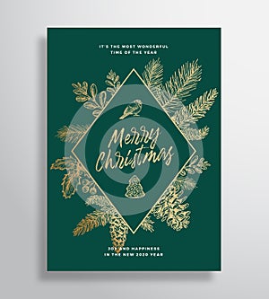Merry Christmas Abstract Vector Frame Greeting Card, Poster or Holiday Background. Sketch Fir-needles with Strobile