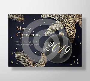 Merry Christmas Abstract Vector Greeting Card, Poster or Holiday Background. Classy Black and Gold Colors, Glitter