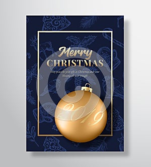 Merry Christmas Abstract Vector Greeting Card, Poster or Holiday Background. Classy Blue and Gold Colors, Glitter and