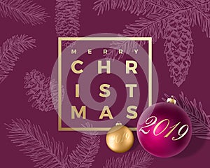 Merry Christmas Abstract Vector Greeting Card, Poster or Holiday Background. Classy Purple and Gold Colors, Glitter and