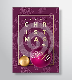 Merry Christmas Abstract Vector Greeting Card, Poster or Holiday Background. Classy Purple and Gold Colors, Glitter and