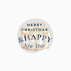 Merry Christmas Abstract Vector Retro Label, Logo, Sign or Card Template. Hand Drawn Golden Holiday Gift Box Sketch