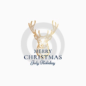 Merry Christmas Abstract Vector Retro Label, Logo, Sign or Card Template. Hand Drawn Golden Holiday Reindeer Head Sketch