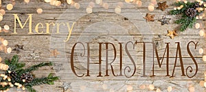 Merry Christmas / Advent background - Christmas ornament corner border banner, with fir branches, stars, pine cone and bokeh