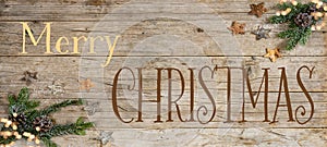 Merry Christmas / Advent background - Christmas ornament corner border banner, with fir branches, stars, pine cone and bokeh